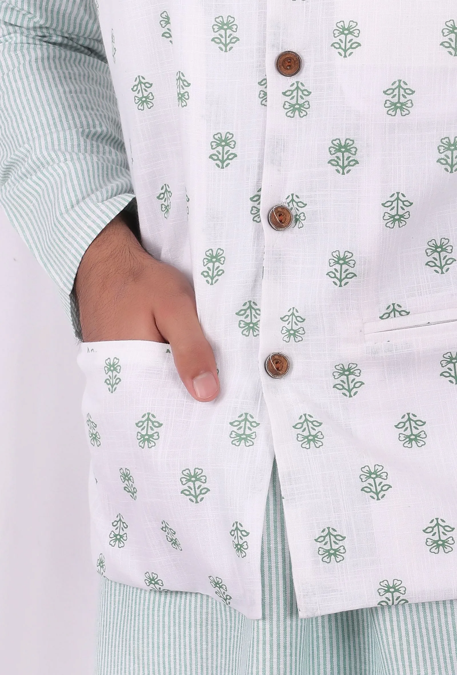 Set of 3: Green Striped Cotton Kurta and Pajama  with Green Hand Block Printed Floral Nehru Jacket