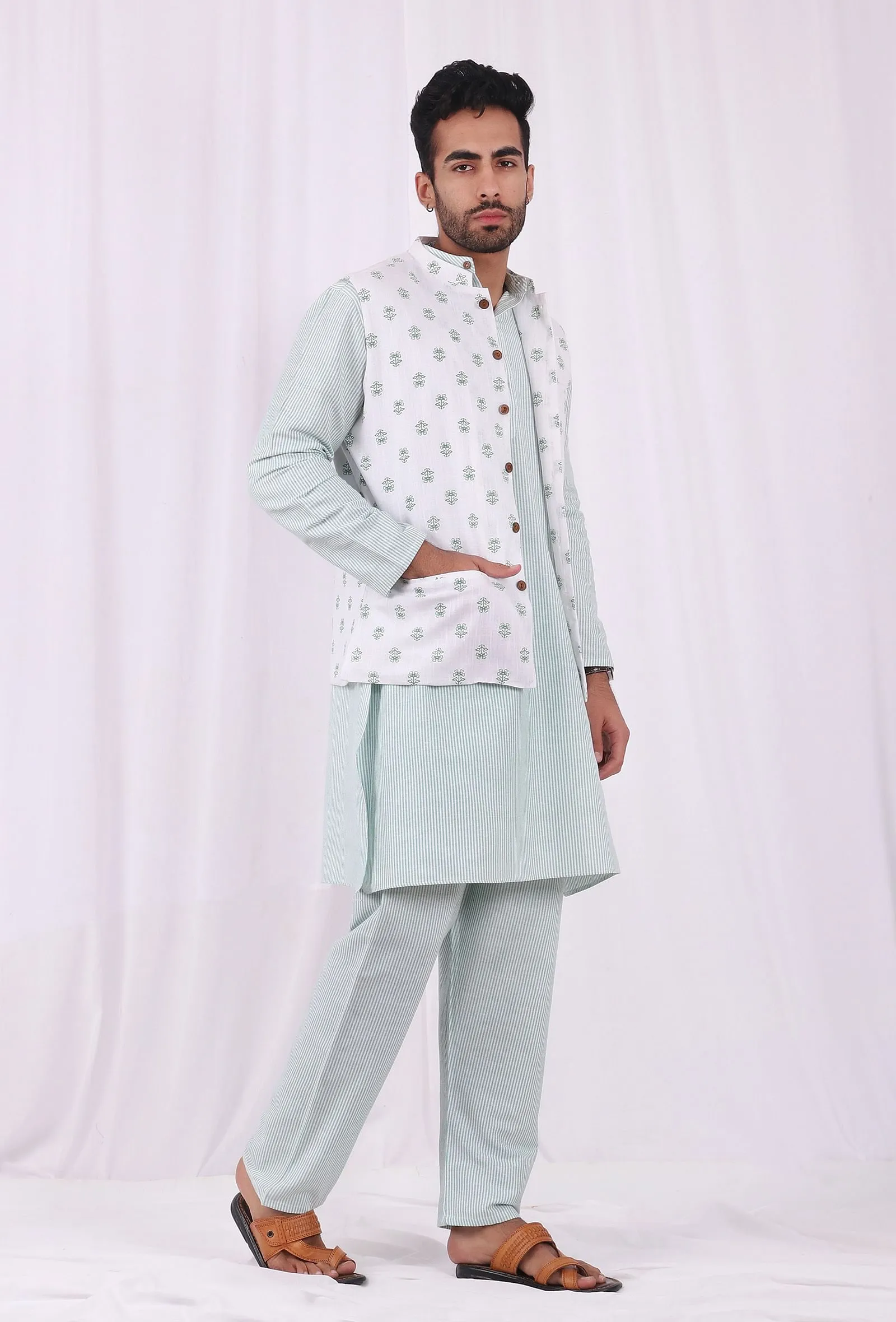 Set of 3: Green Striped Cotton Kurta and Pajama  with Green Hand Block Printed Floral Nehru Jacket