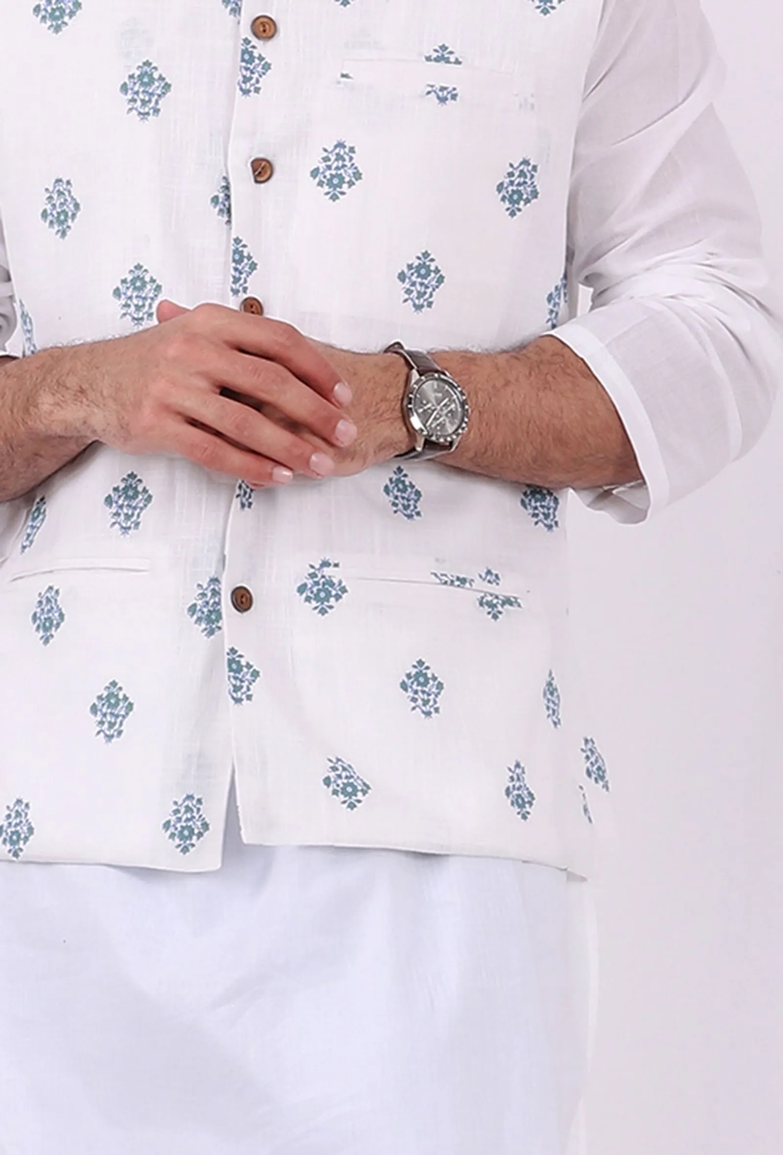 Set of 3: White Cotton kurta and Blue Striped Pajama  with Blue Hand Block Printed Floral Nehru Jacket