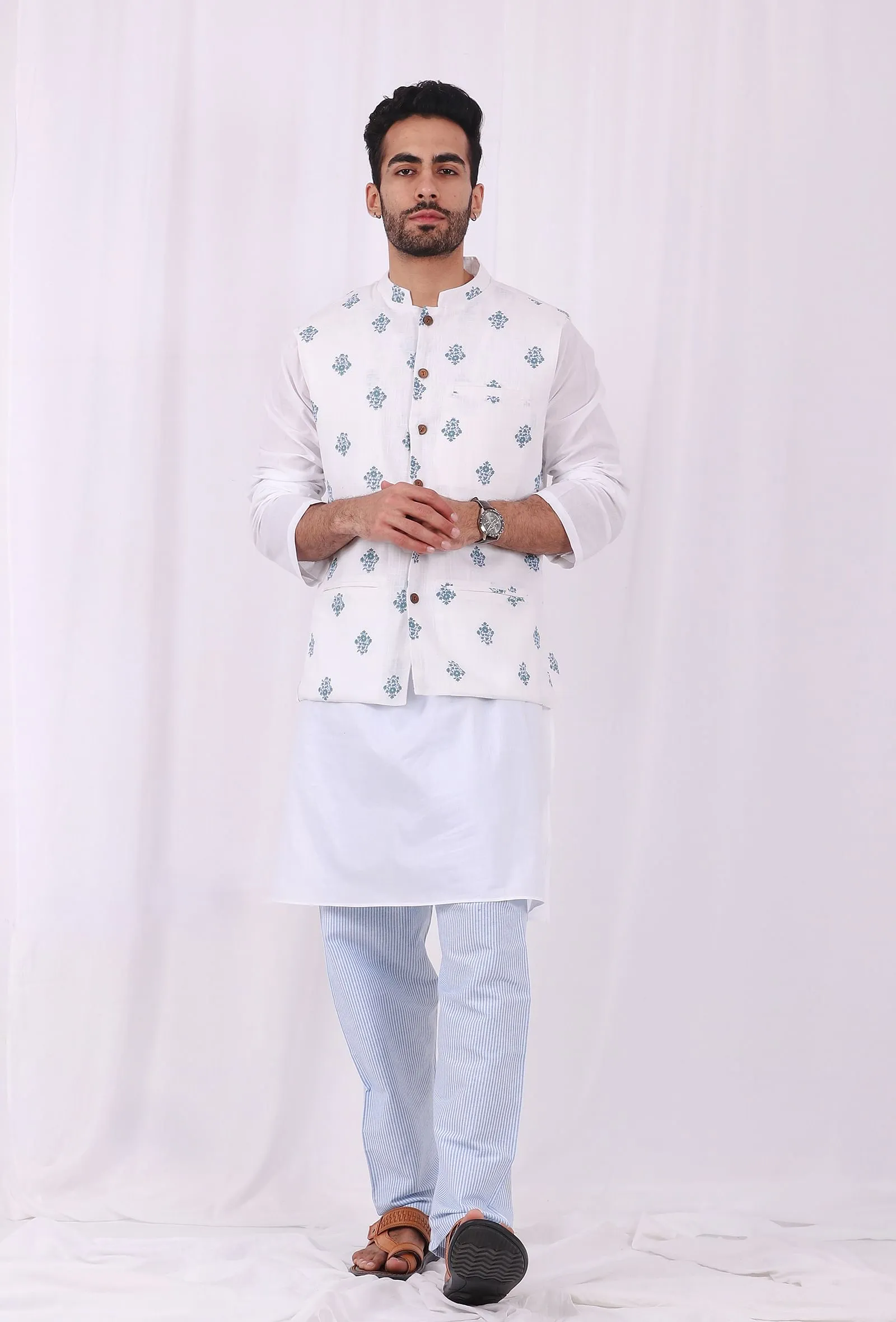 Set of 3: White Cotton kurta and Blue Striped Pajama  with Blue Hand Block Printed Floral Nehru Jacket