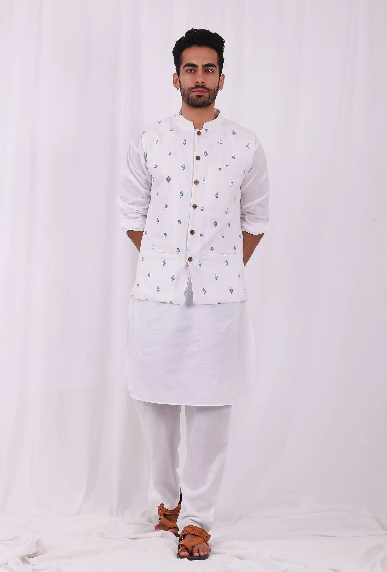 Set of 3: White Cotton Kurta and Pajama  with Blue hand Block Printed Nehru Jacket