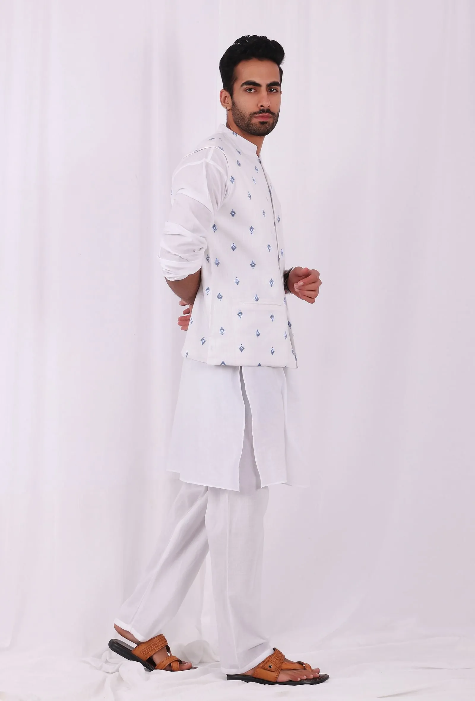 Set of 3: White Cotton Kurta and Pajama  with Blue hand Block Printed Nehru Jacket