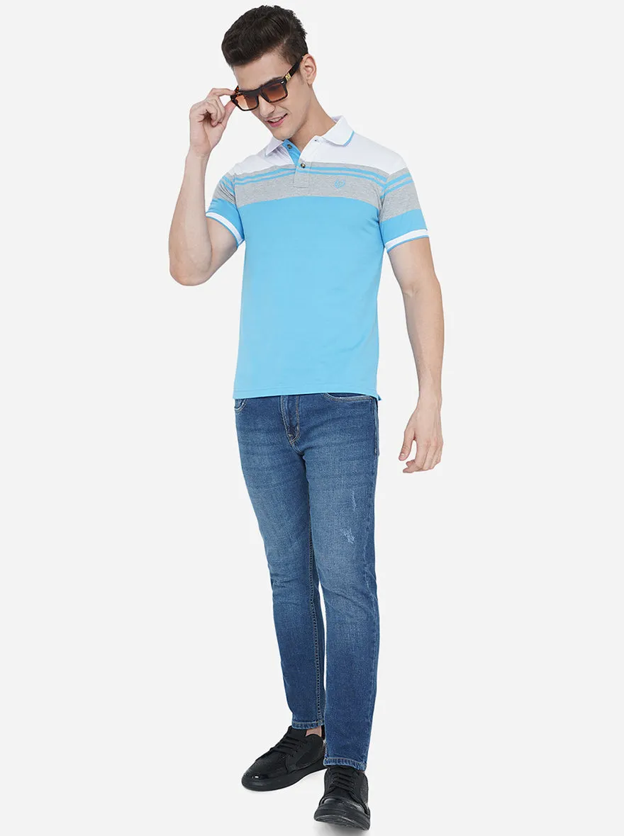 Sky Blue Striped Slim Fit Polo T-Shirt | Greenfibre