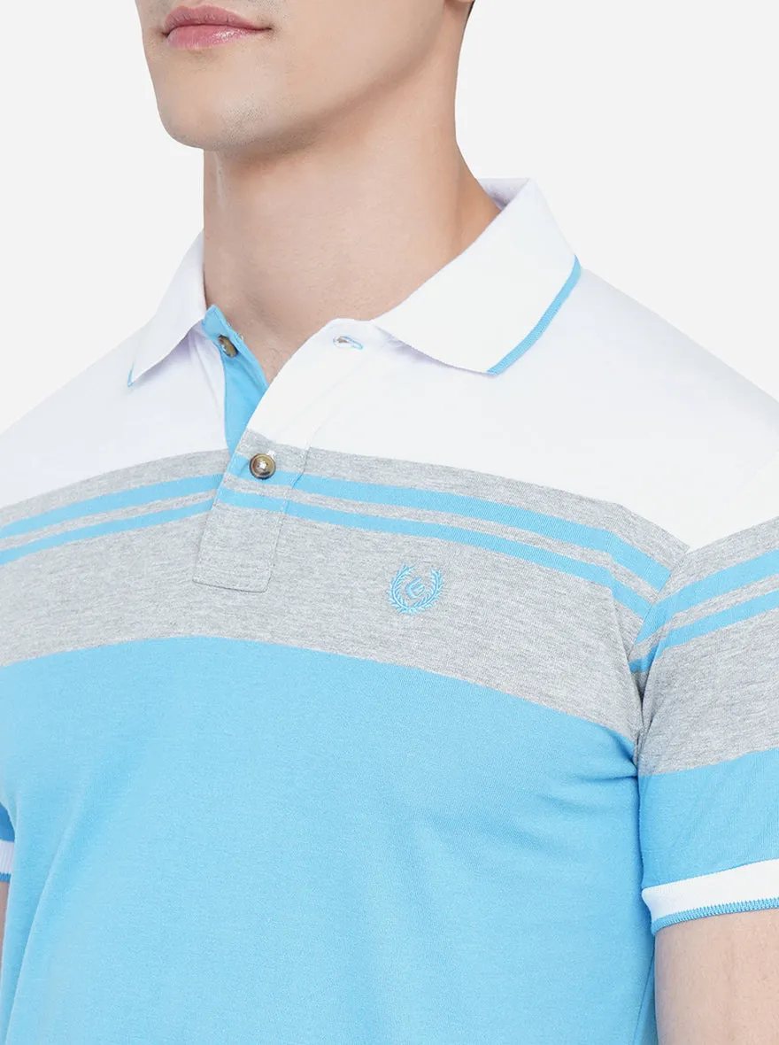 Sky Blue Striped Slim Fit Polo T-Shirt | Greenfibre