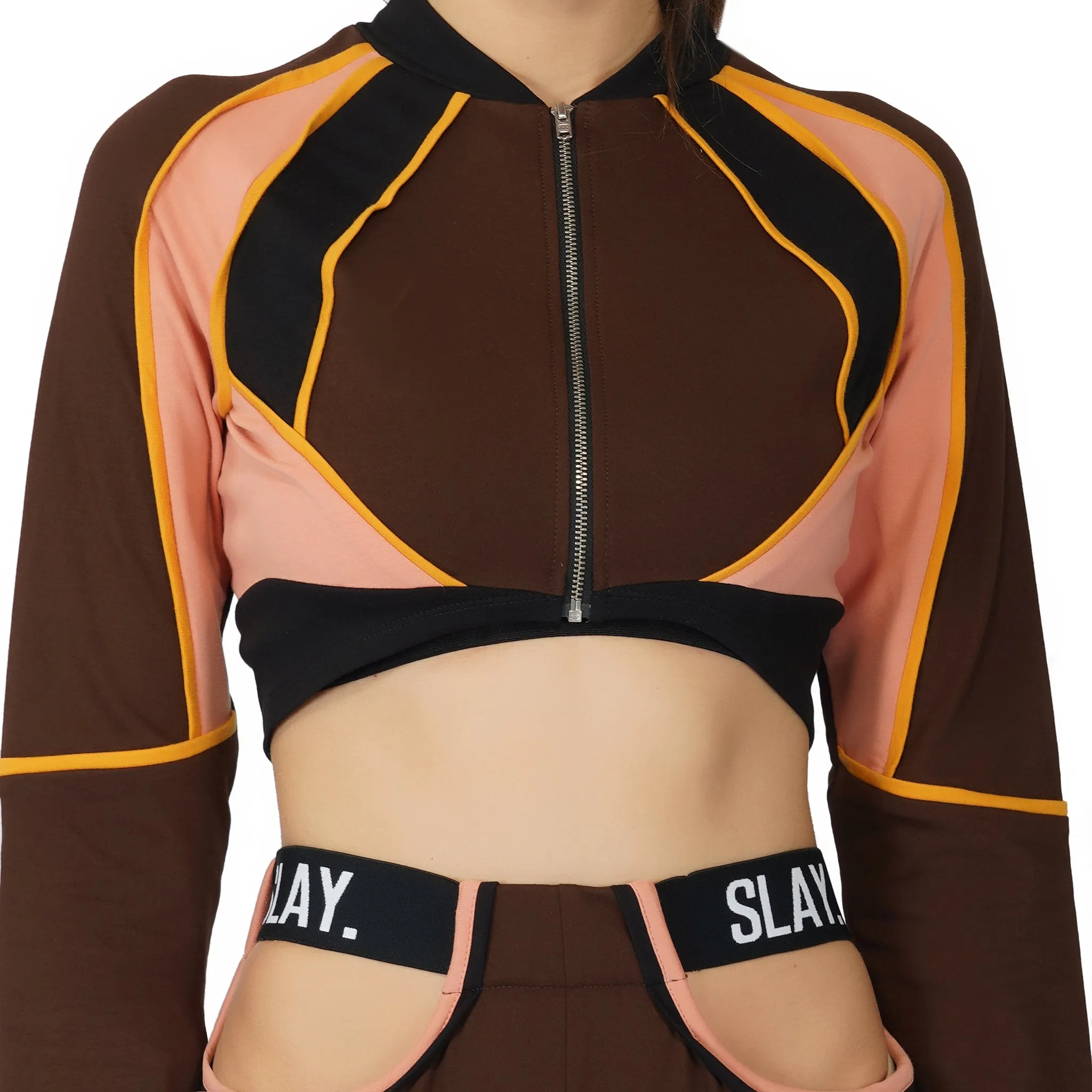 SLAY. Women's Activewear Tracksuit Brown Colorblock Crop Jacket & High Waist Cargo Pants Co-ord Set