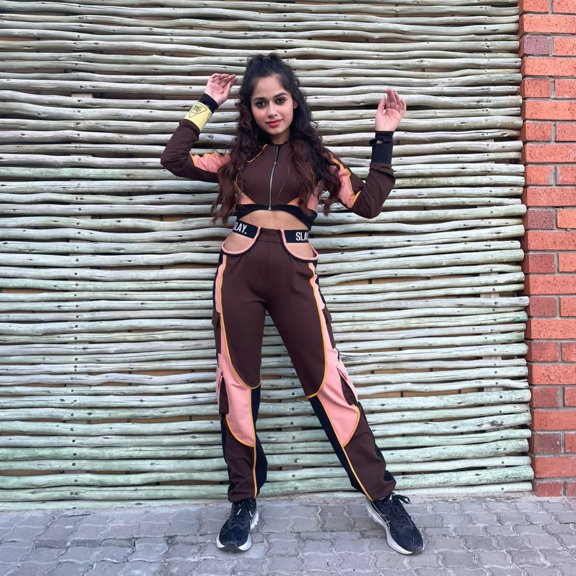 SLAY. Women's Activewear Tracksuit Brown Colorblock Crop Jacket & High Waist Cargo Pants Co-ord Set