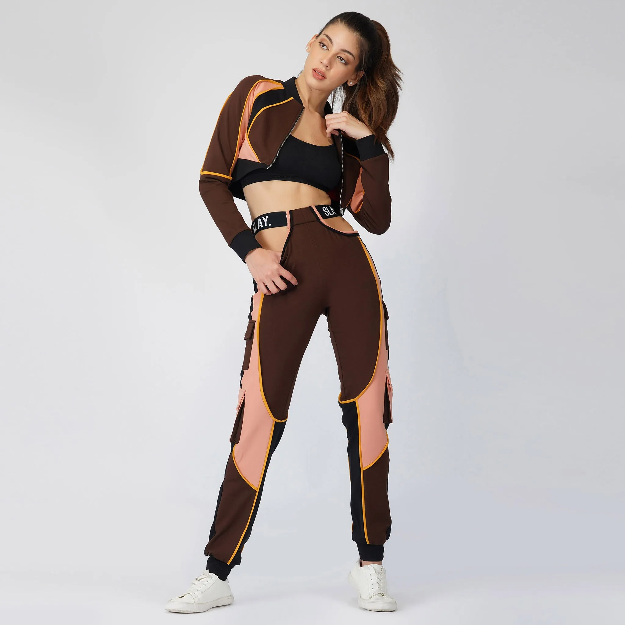 SLAY. Women's Activewear Tracksuit Brown Colorblock Crop Jacket & High Waist Cargo Pants Co-ord Set