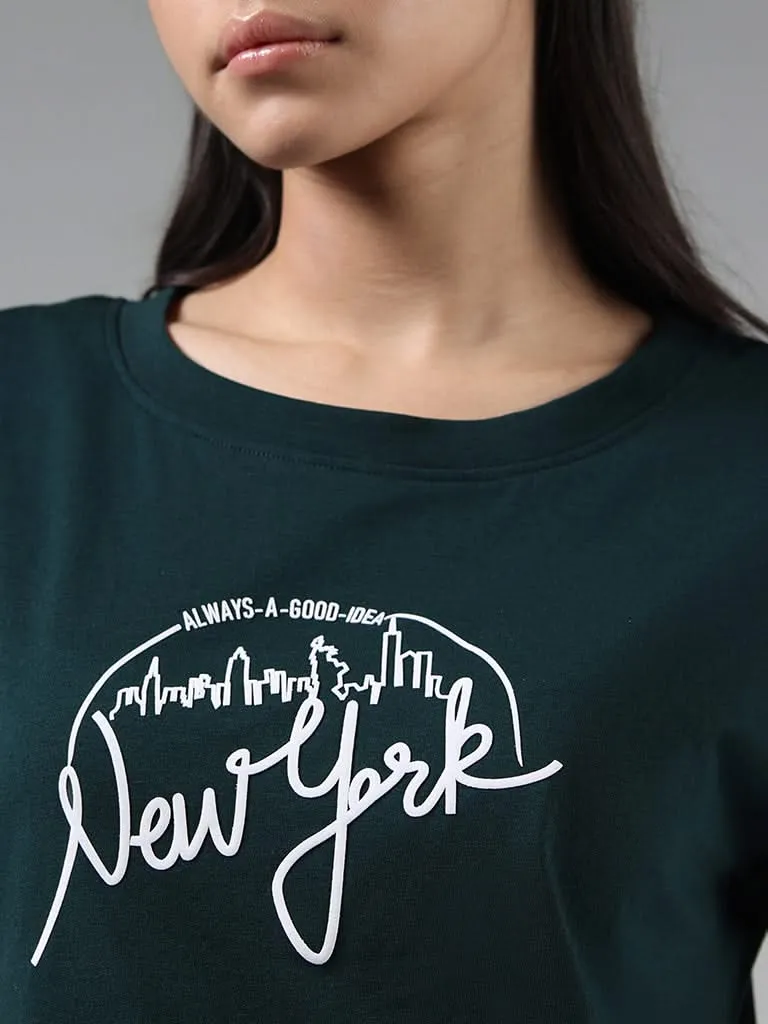 Green Studiofit Cotton T-Shirt with Typographic Print