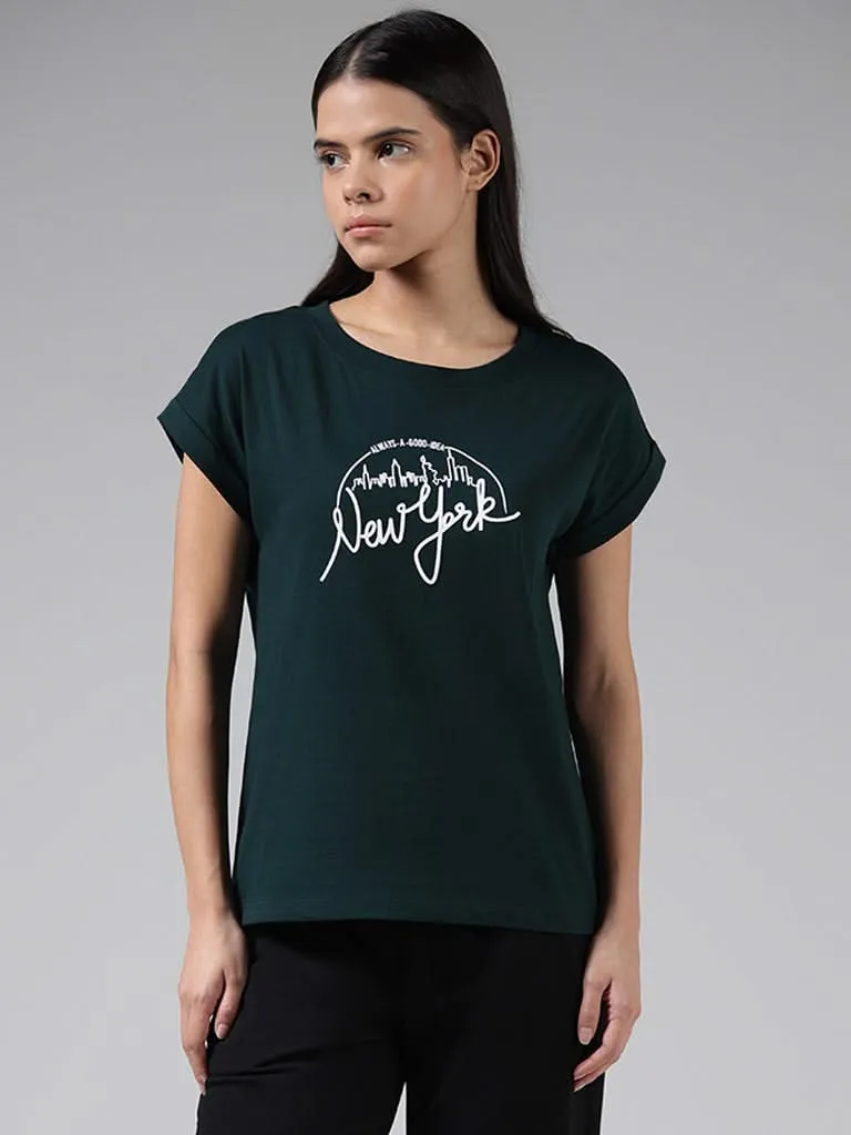 Green Studiofit Cotton T-Shirt with Typographic Print