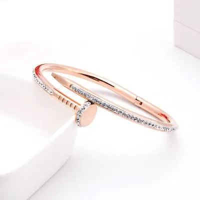 Stunning Nail Bangle Bracelet-Hinged with Cubic Zirconia Stainless Steel, 18K Gold Plated