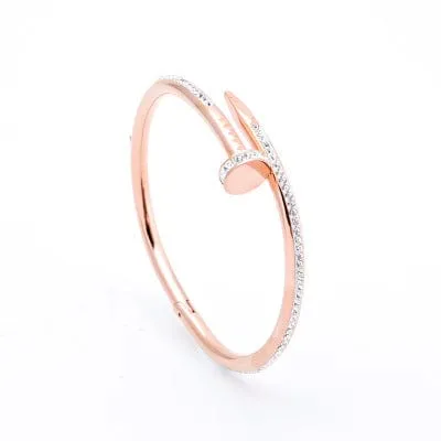 Stunning Nail Bangle Bracelet-Hinged with Cubic Zirconia Stainless Steel, 18K Gold Plated