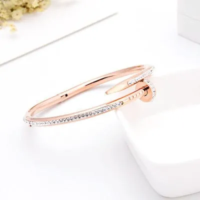 Stunning Nail Bangle Bracelet-Hinged with Cubic Zirconia Stainless Steel, 18K Gold Plated