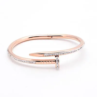 Stunning Nail Bangle Bracelet-Hinged with Cubic Zirconia Stainless Steel, 18K Gold Plated