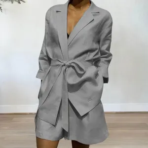 Summer Plus Size Long Sleeves V-neck Blazer and Shorts with Belt