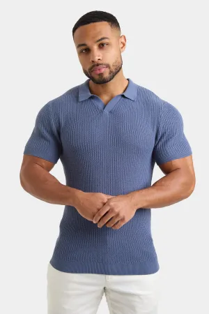 Textured Open Collar Knit Polo in Slate Blue