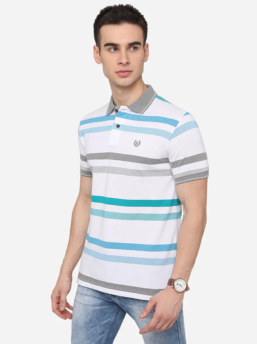 White & Green Striped Slim Fit Polo T-Shirt | Greenfibre