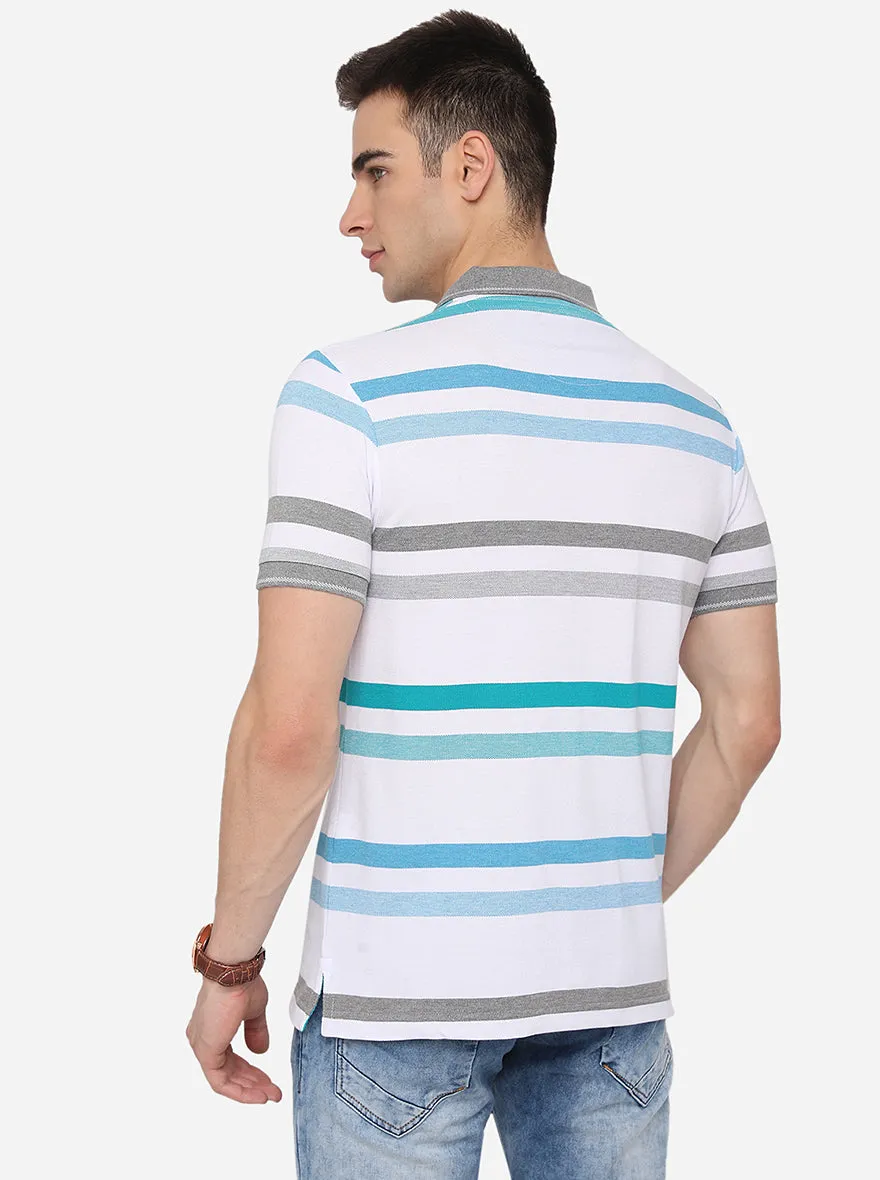 White & Green Striped Slim Fit Polo T-Shirt | Greenfibre