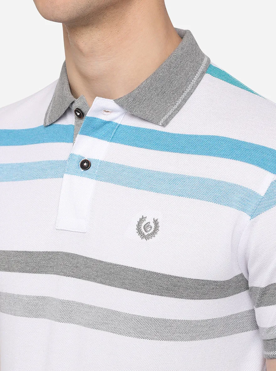 White & Green Striped Slim Fit Polo T-Shirt | Greenfibre