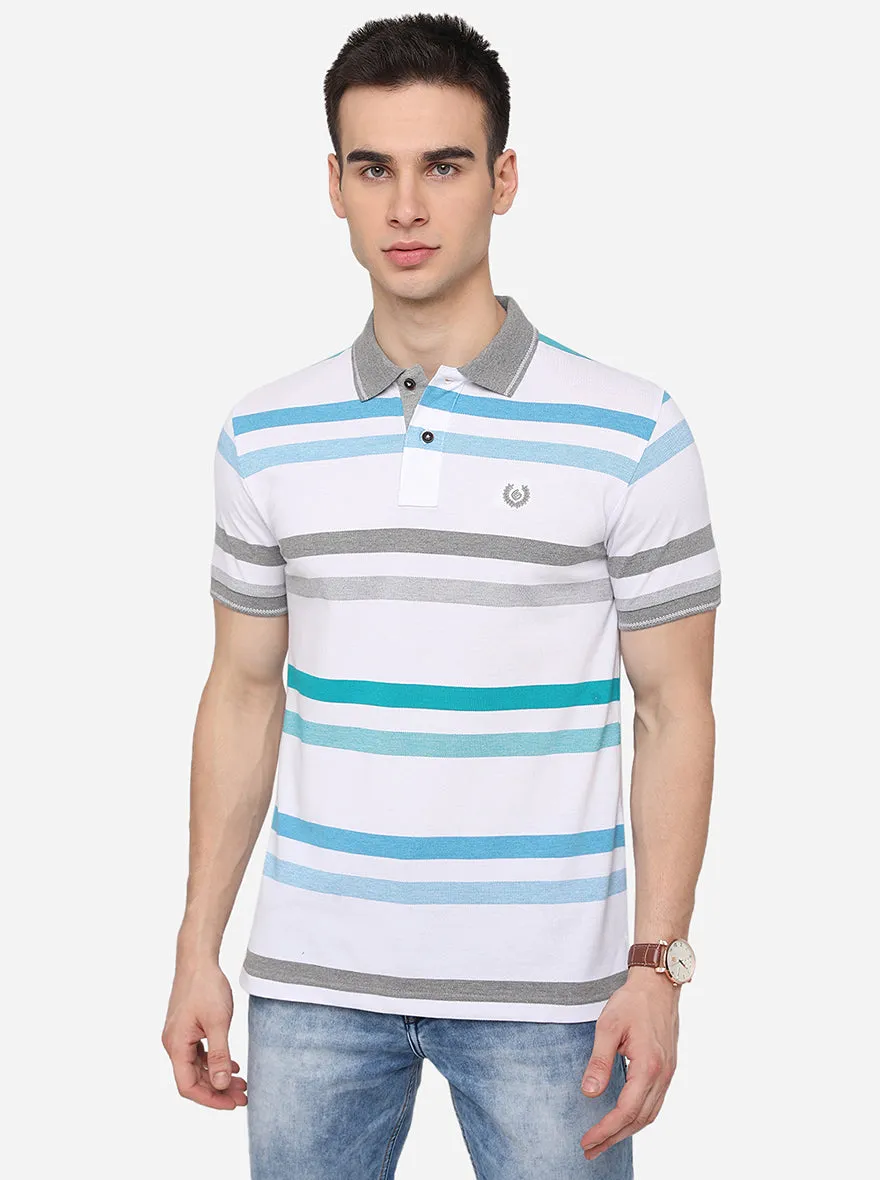 White & Green Striped Slim Fit Polo T-Shirt | Greenfibre