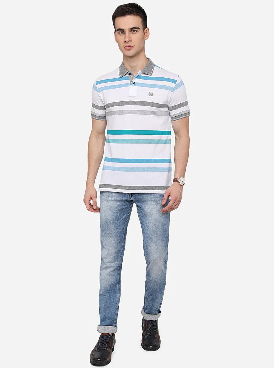 White & Green Striped Slim Fit Polo T-Shirt | Greenfibre