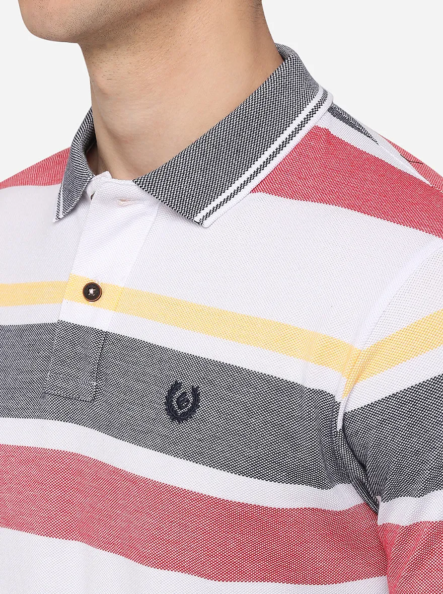 White & Red Striped Slim Fit Polo T-Shirt | Greenfibre