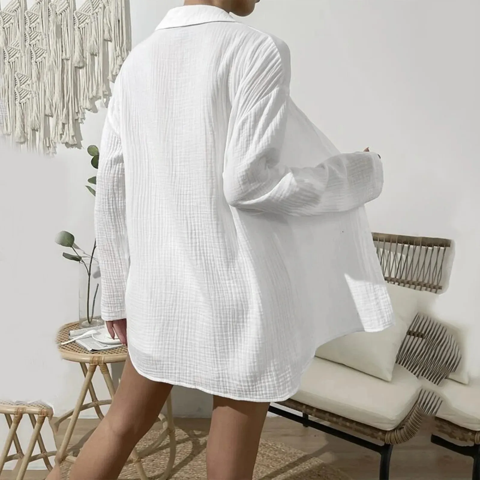 White Casual Long Sleeve V Neck Loungewear Shirt Shorts Holiday Party Streetwear Summer Set