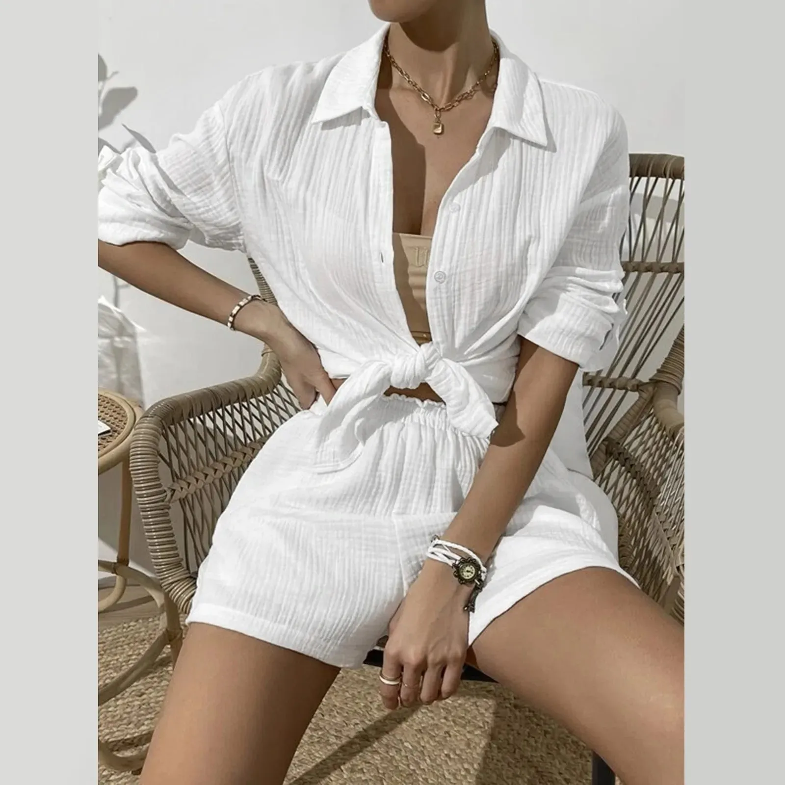 White Casual Long Sleeve V Neck Loungewear Shirt Shorts Holiday Party Streetwear Summer Set