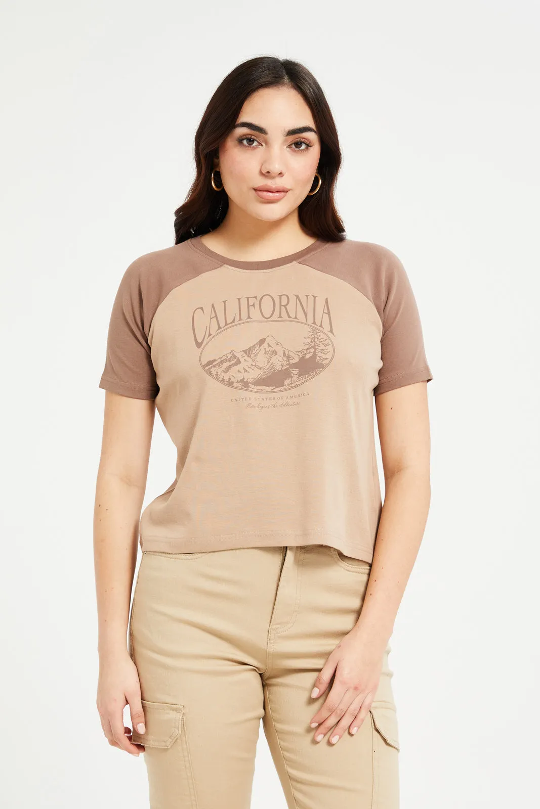 Women Brown Raglan Printed T-Shirt