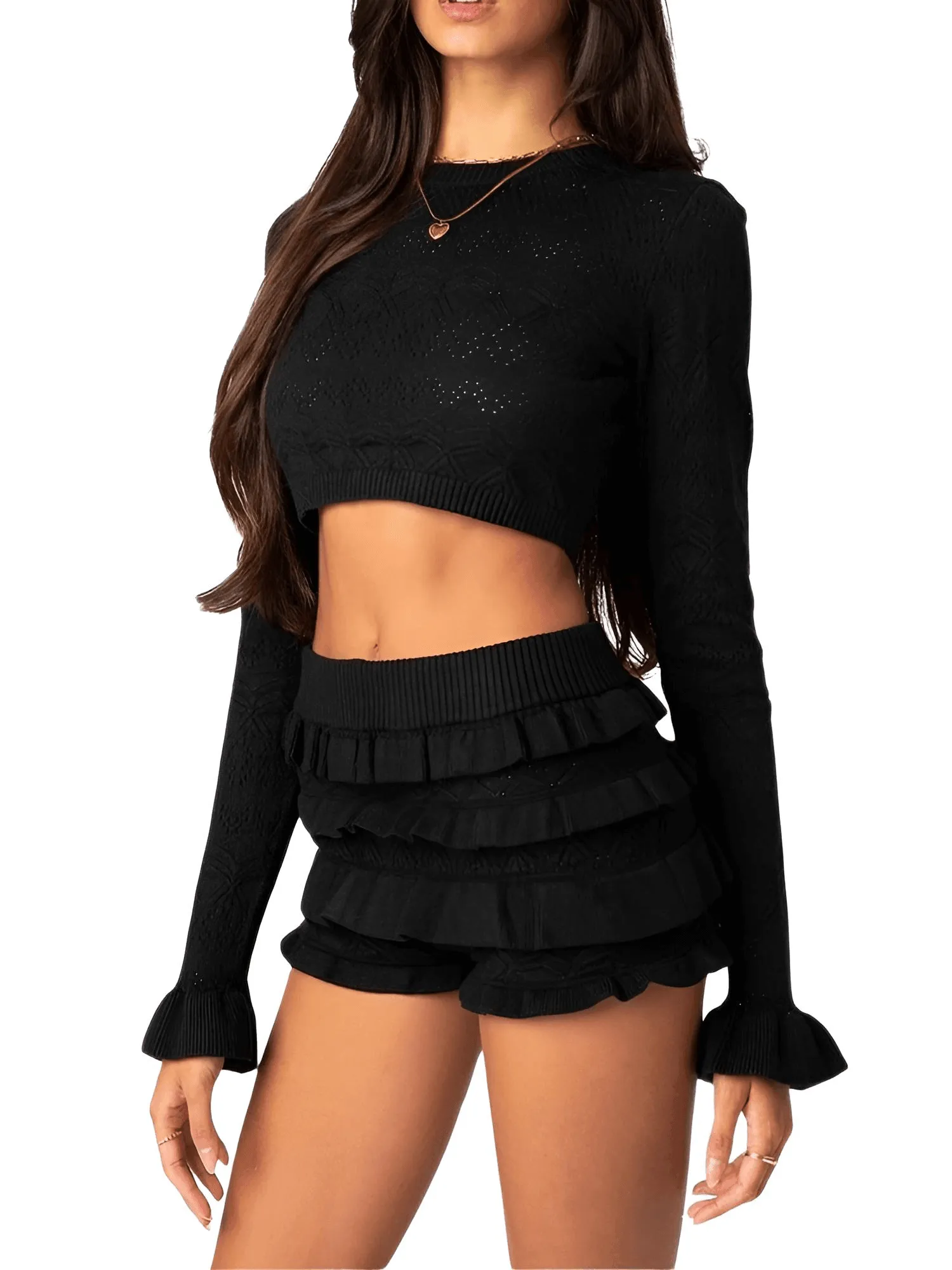 Women's Long Sleeve Crop Top Shorts Set 2-Piece