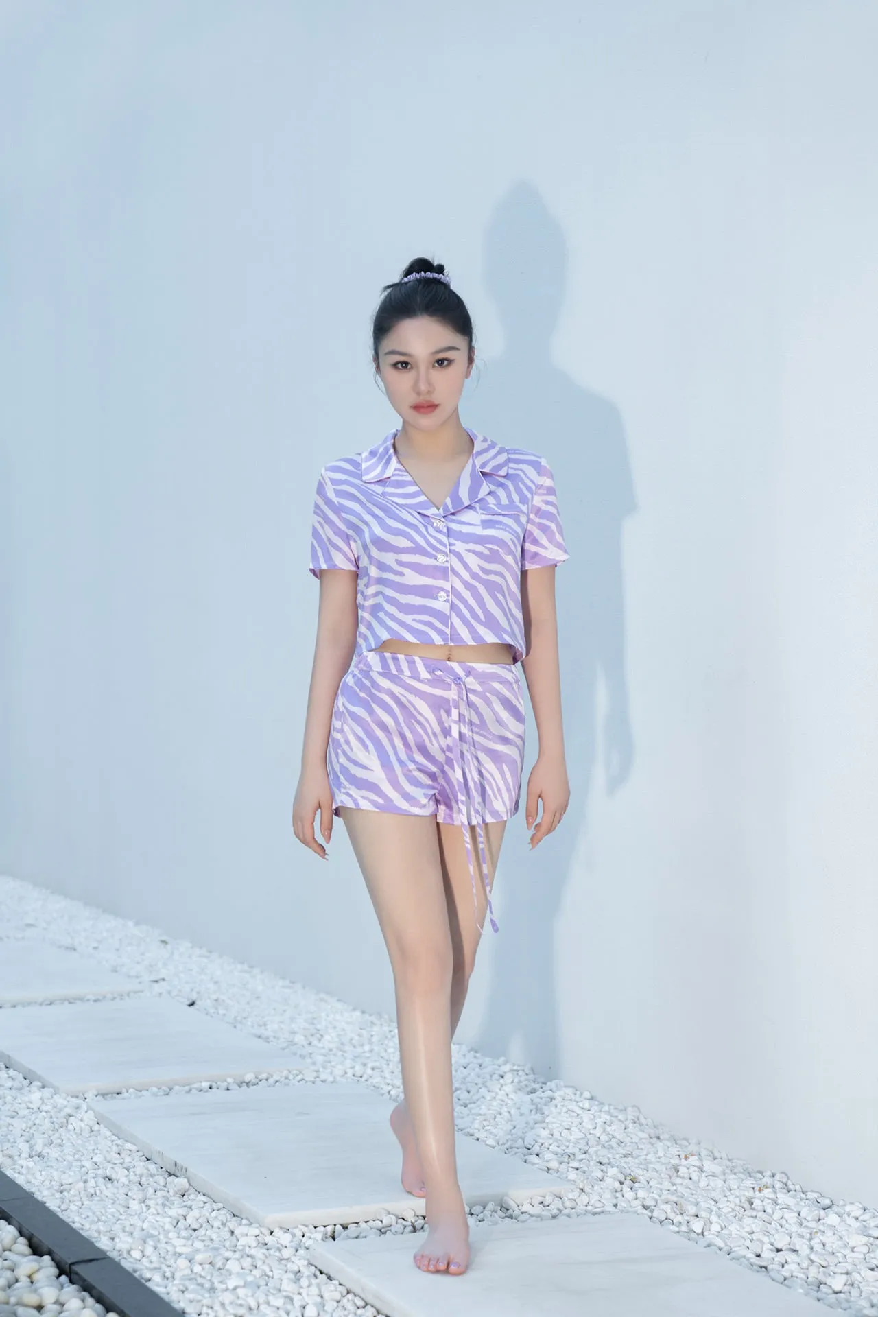 Zebra Print Crystal Purple Short-Sleeved Pyjama Set